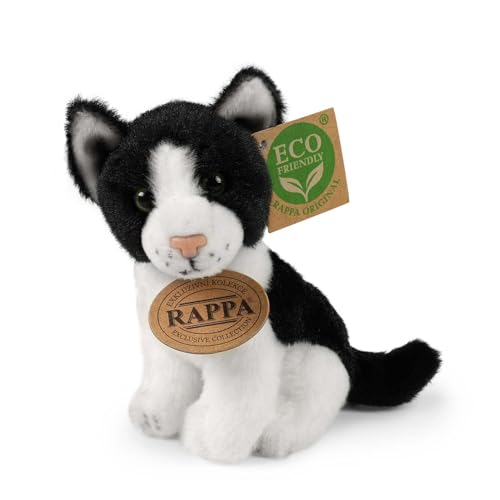 Rappa Kleine Katze Kuscheltier ca. 14 cm – weiches Eco-Friendly Stofftier – Perfekter Begleiter für alle Abenteuer - praktische Schlaufe am Kopf zum Anhängen an Rucksack oder Tasche (B Schwarz/Weiß) von Rappa