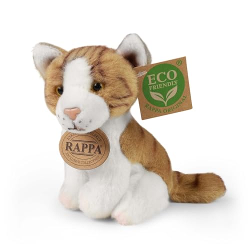Rappa Kleine Katze Kuscheltier ca. 14 cm – weiches Eco-Friendly Stofftier – Perfekter Begleiter für alle Abenteuer - praktische Schlaufe am Kopf zum Anhängen an Rucksack oder Tasche (C Braun/Weiß) von Rappa