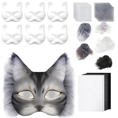 Therians Mask Kit, Tiergesichtsmasken Für Kinder - Cosplay Gesichtsmaske Mit Augenmaschen Mit Blanko Katzenmaske, Kuns Fell Und Mesh, D-I-Y Furry Tiermasken Für Halloween, Make Up Cosplay Part von Ratpzou