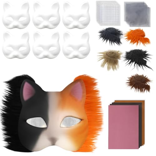Therians Mask Kit, Tiergesichtsmasken Für Kinder - Cosplay Gesichtsmaske Mit Augenmaschen Mit Blanko Katzenmaske, Kuns Fell Und Mesh, D-I-Y Furry Tiermasken Für Halloween, Make Up Cosplay Part von Ratpzou