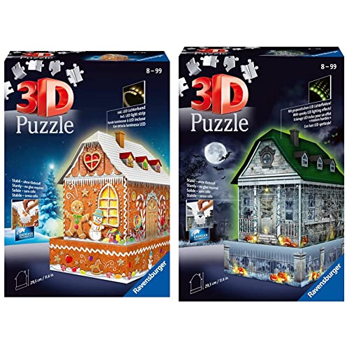 Ravensburger 3D Puzzle 11237 - Lebkuchenhaus bei Nacht - 3D Puzzle für Kinder und Erwachsene, Leuchtet im Dunkeln & Gruselhaus bei Nacht 11254-257 Teile - für Halloween Fans ab 8 Jahren von Ravensburger 3D Puzzle