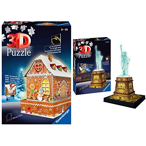 Ravensburger 3D Puzzle 11237 - Lebkuchenhaus bei Nacht - 3D Puzzle & 12596 Freiheitsstatue bei Nacht - 3D Puzzle, Wahrzeichen von New York im Miniatur-Format von Ravensburger 3D Puzzle