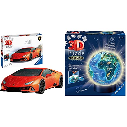 Ravensburger 3D Puzzle 11238 - Lamborghini Huracán EVO - Modellauto & 11844 - Nachtlicht Erde bei Nacht - 72 Teile - LED Nachttischlampe mit Klatsch-Mechanismus von Ravensburger 3D Puzzle