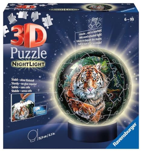 Ravensburger 3D Puzzle 11248 - Nachtlicht Puzzle-Ball Raubkatzen - 72 Teile - ab 6 Jahren, LED Nachttischlampe mit Klatsch-Mechanismus von Ravensburger