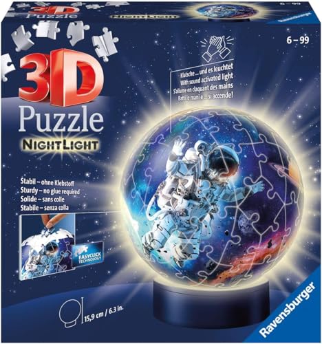 Ravensburger 3D Puzzle 11264 - Nachtlicht Puzzle-Ball Astronauten im Weltall - 72 Teile - ab 6 Jahren, LED Nachttischlampe mit Klatsch-Mechanismus von Ravensburger