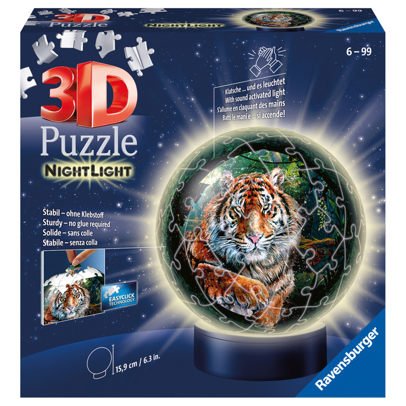 Ravensburger 3D Puzzle 11248 - Nachtlicht Puzzle-Ball Raubkatzen - 72 Teile - ab 6 Jahren, LED Nachttischlampe mit Klatsch-Mechanismus von Ravensburger Verlag