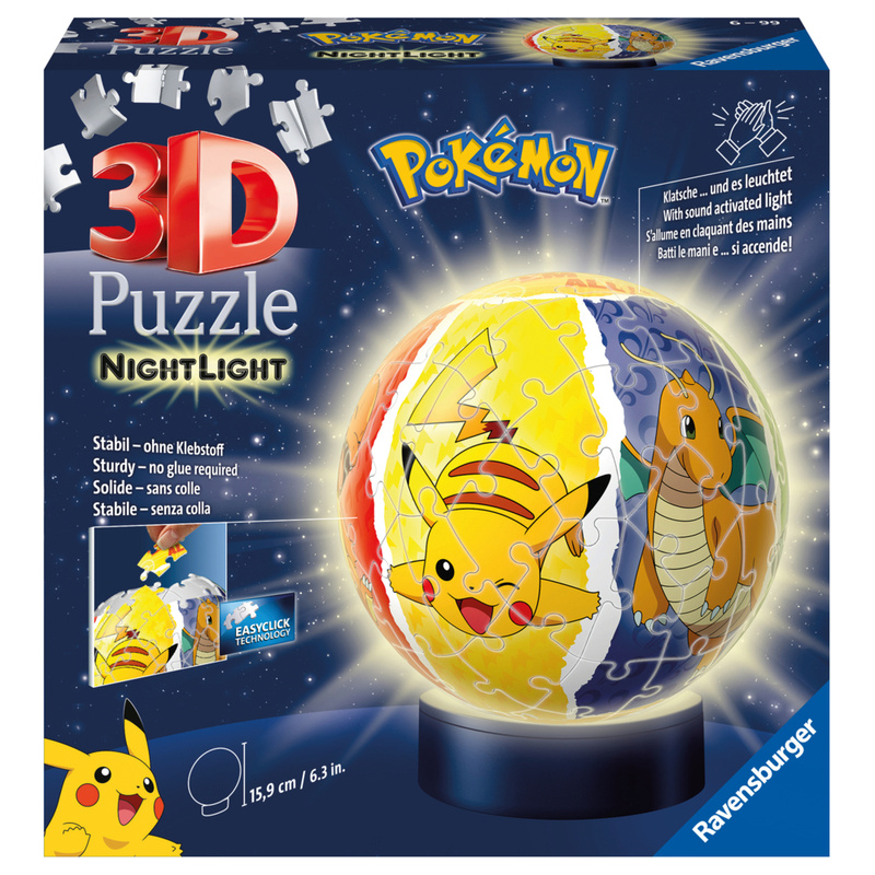 Ravensburger 3D Puzzle 11547 - Nachtlicht Puzzle-Ball Pokémon - 72 Teile - für Pokémon Fans ab 6 Jahren, LED Nachttischlampe mit Klatsch-Mechanismus von Ravensburger Verlag
