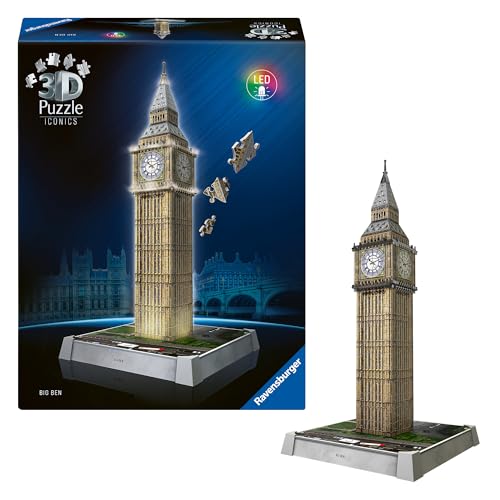Ravensburger 3D Puzzle Iconics: 12008025 Big Ben - mit Licht - Das berühmte Wahrzeichen von London als detailgetreues und beleuchtetes Modell von Ravensburger