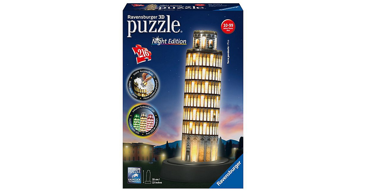 3D-Puzzle Night mit LED, H33 cm, 216 Teile, Schiefer Turm von Pisa bei Nacht von Ravensburger