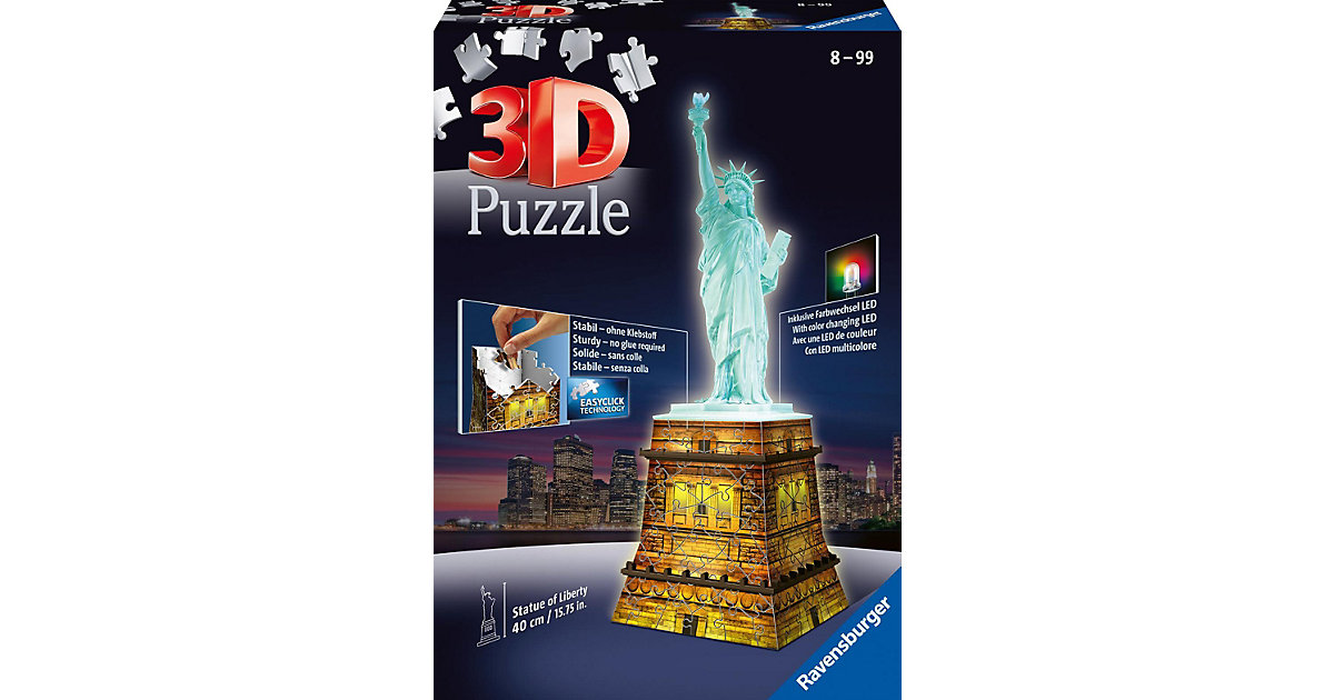 3D-Puzzle Night mit LED, H40 cm, 108 Teile, Freiheitsstatue mit Licht von Ravensburger