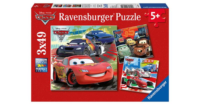 3er Set Puzzle, je 49 Teile, 21x21 cm, Disney Cars: Weltweiter Rennspaß von Ravensburger