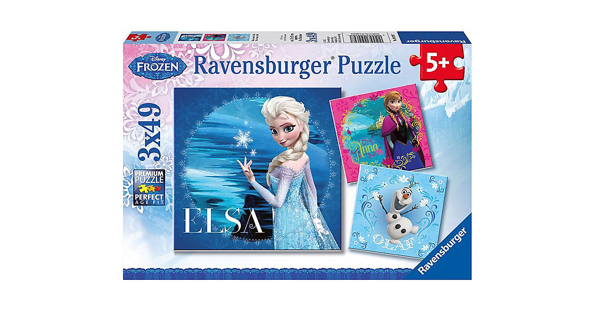 3er Set Puzzle, je 49 Teile, 21x21 cm, Disney Die Eiskönigin: Elsa, Anna & Olaf von Ravensburger