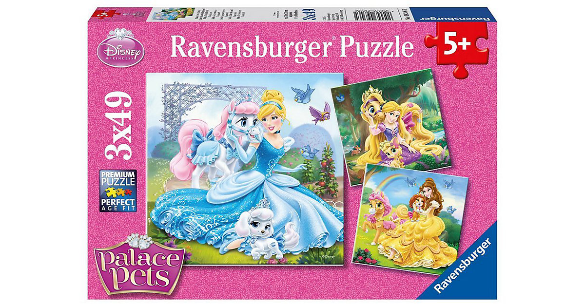 3er Set Puzzle, je 49 Teile, 21x21 cm, Disney Palace Pets Belle, Cinderella und Rapunzel von Ravensburger
