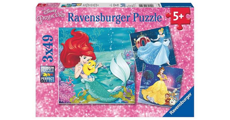 3er Set Puzzle, je 49 Teile, 21x21 cm, Disney Princess: Abenteuer der Prinzessinnen von Ravensburger
