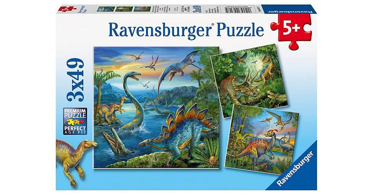 3er Set Puzzle, je 49 Teile, 21x21 cm, Faszination Dinosaurier von Ravensburger