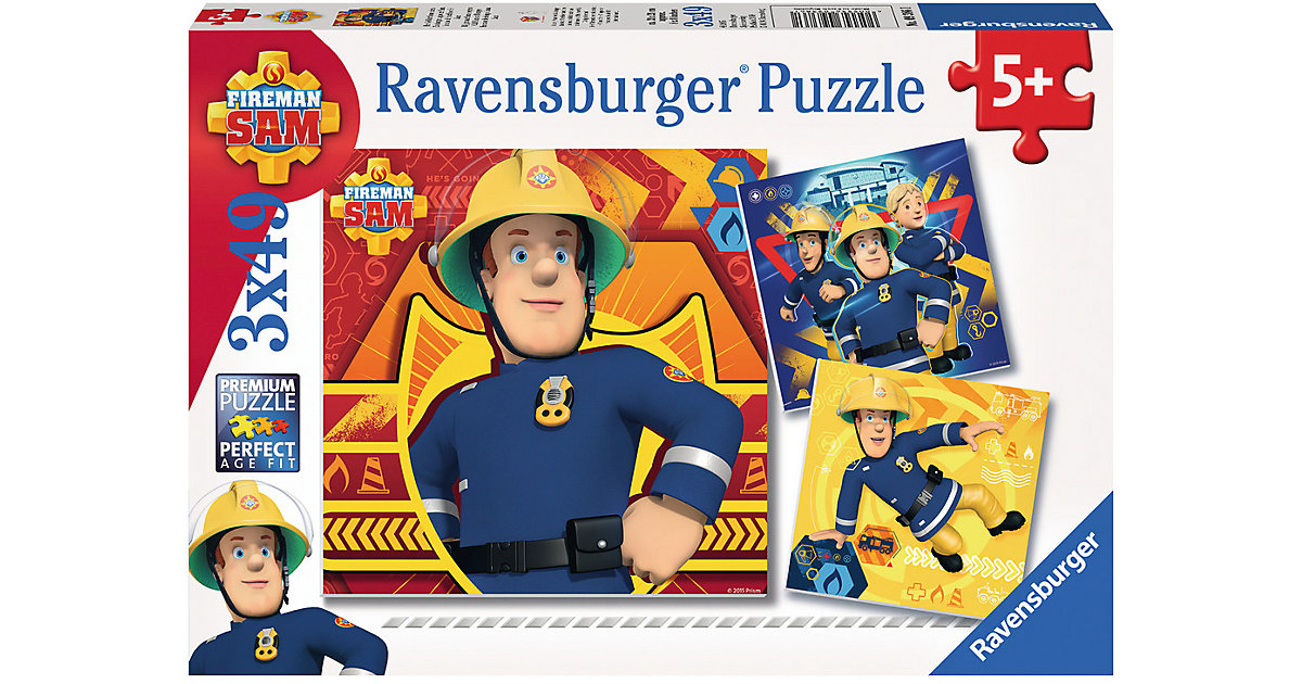 3er Set Puzzle, je 49 Teile, 21x21 cm, Feuerwehrmann Sam: Bei Gefahr Sam rufen von Ravensburger