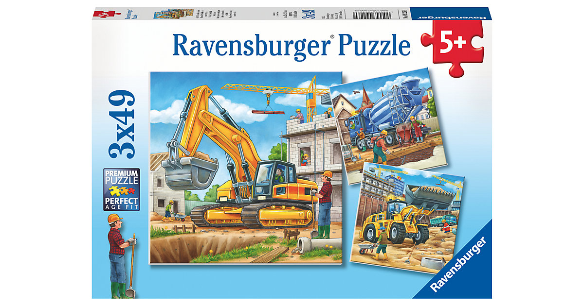 3er Set Puzzle, je 49 Teile, 21x21 cm, Große Baufahrzeuge Set von Ravensburger