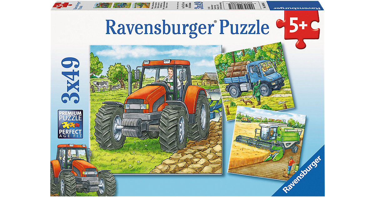 3er Set Puzzle, je 49 Teile, 21x21 cm, Große Landmaschinen von Ravensburger