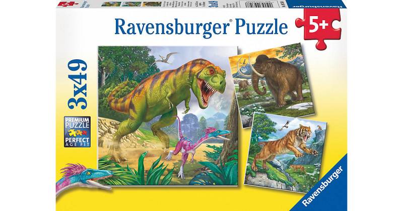 3er Set Puzzle, je 49 Teile, 21x21 cm, Herrscher der Urzeit von Ravensburger