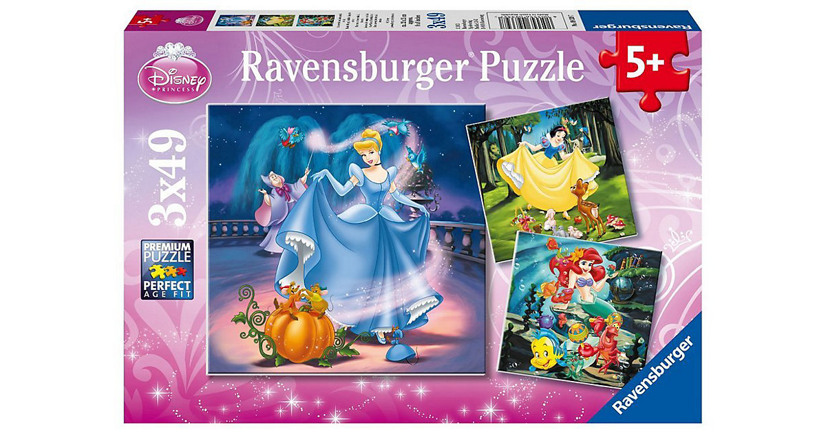 3er Set Puzzle, je 49 Teile, 21x21 cm, Schneewittchen, Arielle und Cinderella von Ravensburger