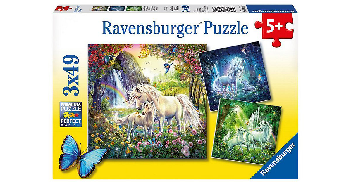 3er Set Puzzle, je 49 Teile, 21x21 cm, Schöne Einhörner von Ravensburger