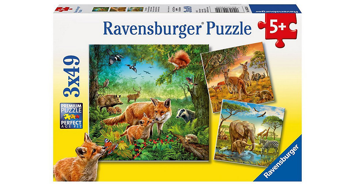 3er Set Puzzle, je 49 Teile, 21x21 cm, Tiere der Erde 3er Set Puzzle, je 49 Teile, 21x21 cm, Tiere der Erde von Ravensburger