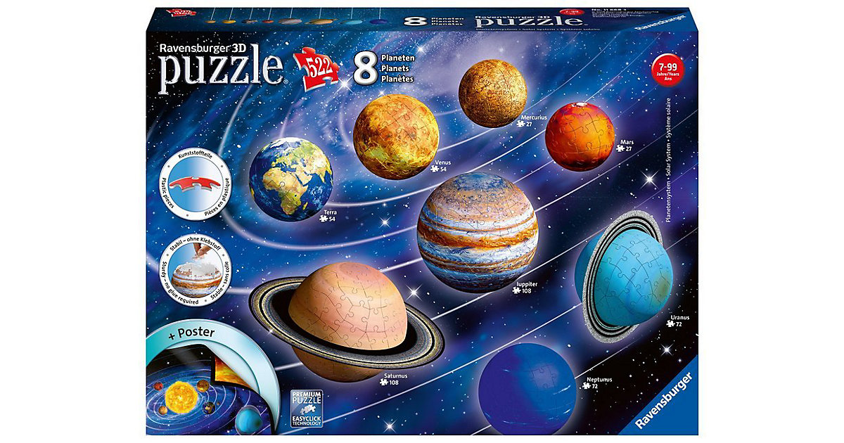 8-tlg. Set 3D-Puzzleball® Planetensystem, Ø5-15 cm, 522 Teile von Ravensburger
