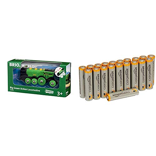 BRIO World 33593 Grüner Gustav elektrische Lok – Batterie-Lokomotive mit Licht & Sound – Kleinkinderspielzeug empfohlen ab 3 Jahren & Amazon Basics Performance Batterien Alkali, AAA, 20 Stück von Ravensburger