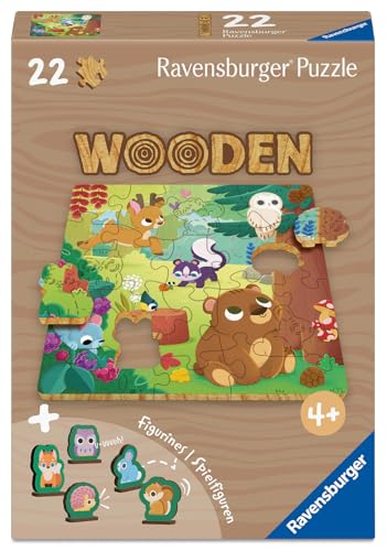 Ravensburger Wooden Kids Puzzle 12004080 - Fröhliche Waldfreunde - 22 Teile Kontur-Holzpuzzle mit stabilen, individuellen Puzzleteilen 5 Whimsies und 5 Holzspielfiguren, für Kinder ab 4 Jahren von Ravensburger