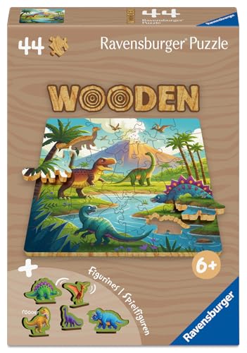 Ravensburger Wooden Kids Puzzle 12004084 - Dinosaurier Welt - 44 Teile Kontur-Holzpuzzle mit stabilen, individuellen Puzzleteilen 5 Whimsies und 5 Holzspielfiguren, für Kinder ab 4 Jahren von Ravensburger