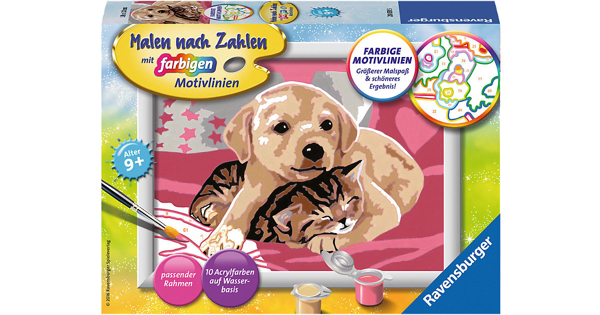 Malen nach Zahlen, 13x18 cm, mit farbigen Motivlinien, Hund & Katze Beste Freunde von Ravensburger