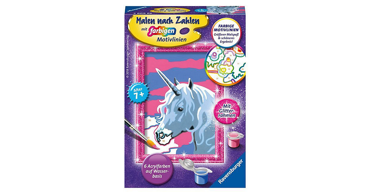 Malen nach Zahlen, 8,5x12 cm, mit farbigen Motivlinien & Glitterrahmen, Einhorn Malen nach Zahlen, 8,5x12 cm, mit farbigen Motivlinien & Glitterrahmen, Einhorn von Ravensburger