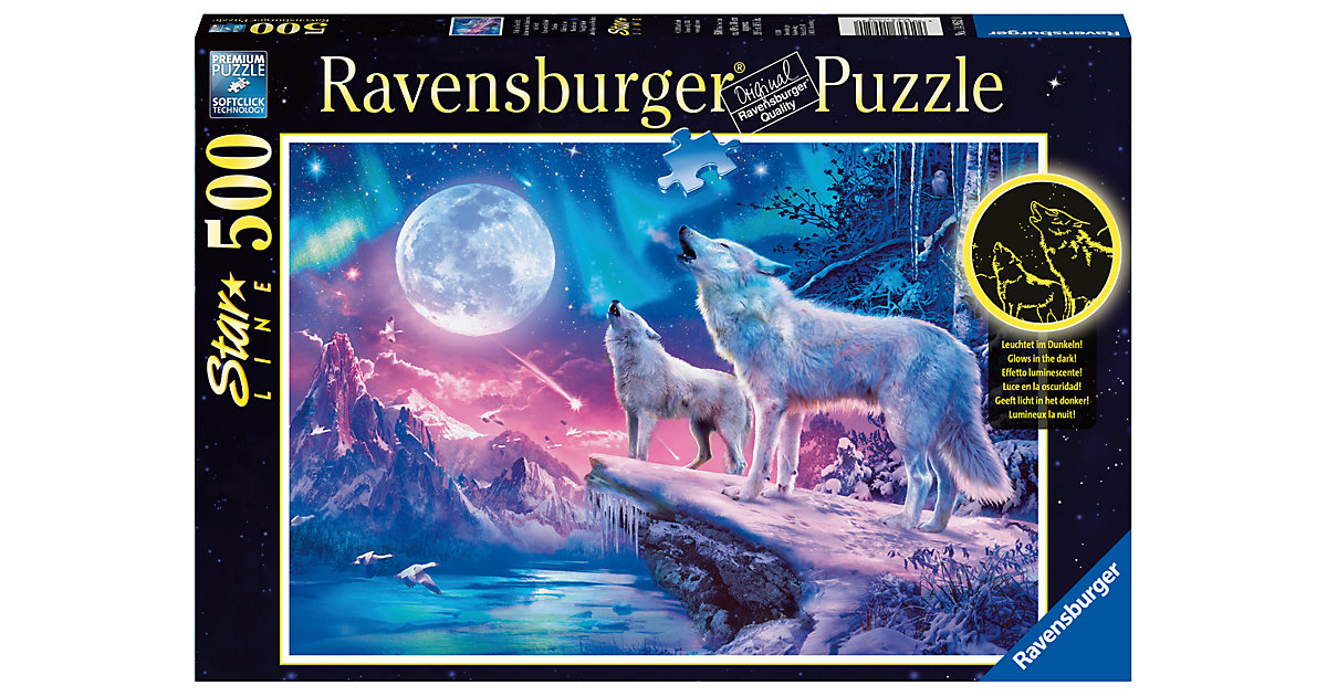Puzzle 500 Teile, 49x36 cm, Star Line, mit Leuchtfarbe, Wolf im Nordlicht von Ravensburger
