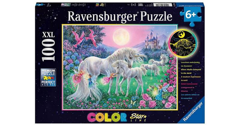 Puzzle Color Star Line, 100 Teile, 49x36 cm, mit Leuchtfarbe, Einhörner im Mondschein von Ravensburger
