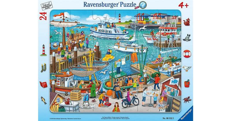 Rahmen-Puzzle, 24 Teile, 32,5x24,5 cm, mit Wimmel-Suchspiel, Ein Tag am Hafen von Ravensburger