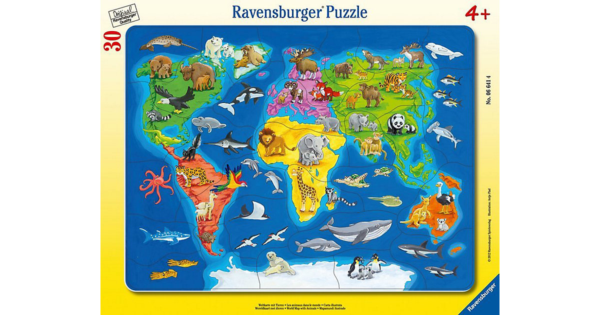 Rahmen-Puzzle, 30 Teile, 32,5x24,5 cm, Weltkarte mit Tieren Rahmen-Puzzle, 30 Teile, 32,5x24,5 cm, Weltkarte mit Tieren von Ravensburger