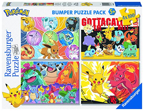 Ravensburger - Pokémon-Puzzle, Kollektion Bumper Pack 4 x 100, Geschenkidee für Kinder ab 5 Jahren, pädagogisches und inspirierendes Spiel, 4 Puzzle mit 100 Teilen von Ravensburger