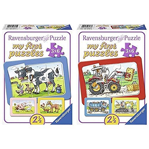 Ravensburger 06571 Gute Tierfreunde, my first puzzles 3 x 6 cm & Kinderpuzzle Bagger, Traktor und Kipplader - 06573 / 3 Rahmenpuzzles jeweils 6-teilig mit Fahrzeugen - für Kinder ab 2,5 Jahre von Ravensburger Rahmenpuzzle