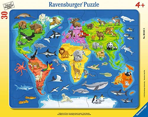 Ravensburger Kinderpuzzle - 06641 Weltkarte mit Tieren - Rahmenpuzzle für Kinder ab 4 Jahren, mit 30 Teilen von Ravensburger