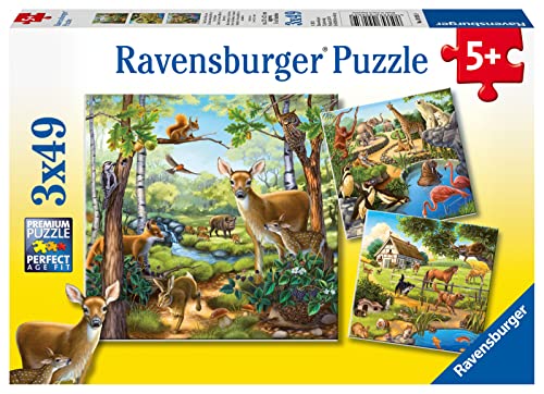 Ravensburger Kinderpuzzle - 09265 Wald-/Zoo-/Haustiere - Puzzle für Kinder ab 5 Jahren, mit 3x49 Teilen von Ravensburger