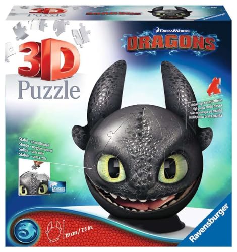 Ravensburger 3D Puzzle 11145 - Puzzle-Ball Dragons Ohnezahn mit Ohren - Puzzleball für Fans von Drachenzähmen leicht gemacht - Geschenkidee für Kinder ab 6 Jahren von Ravensburger