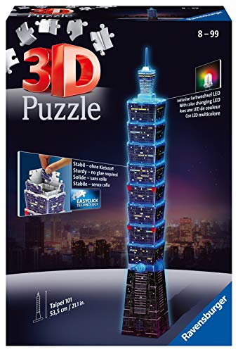 Ravensburger 3D Puzzle 11149 - Taipei 101 Night Edition - leuchtet im Dunkeln - das Financial Center und Wahrzeichen von Taipeh als LED beleuchtetes 3D Modell für Puzzlefans ab 8 Jahren von Ravensburger