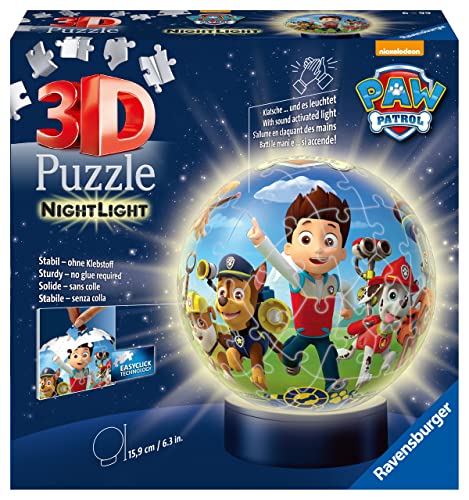 Ravensburger 3D Puzzle 11842 - Nachtlicht Puzzle-Ball Paw Patrol - 72 Teile - ab 6 Jahren, LED Nachttischlampe mit Klatsch-Mechanismus von Ravensburger 3D Puzzle