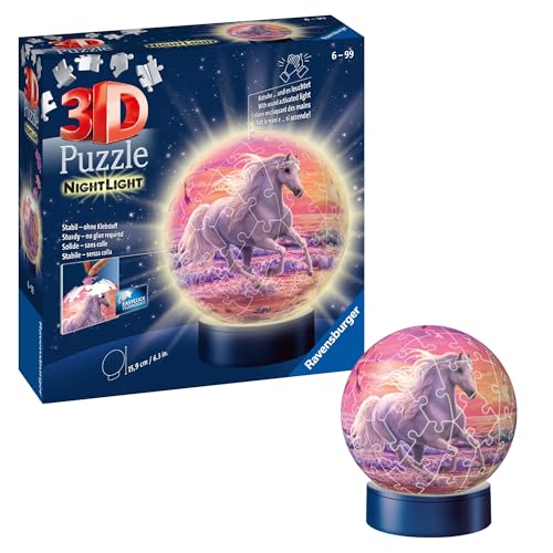 Ravensburger 3D Puzzle 11843 - Nachtlicht Puzzle-Ball Pferde am Strand - 72 Teile - ab 6 Jahren, LED Nachttischlampe mit Klatsch-Mechanismus von Ravensburger