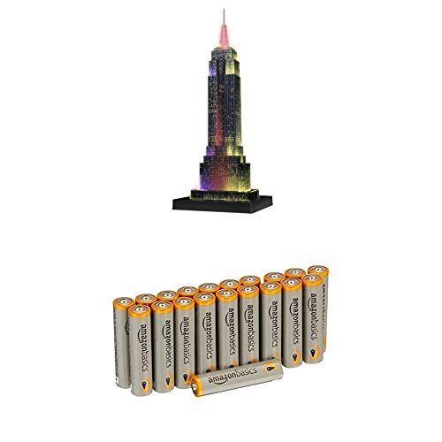 Ravensburger 12566 1 Empire State Building bei Nacht Night Edition 3D-Puzzle Bauwerke, 216 Teile mit Amazon Basics Batterien von Ravensburger