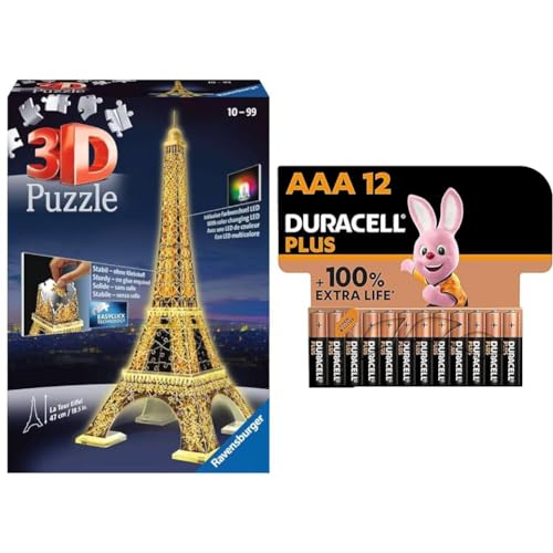 Ravensburger 12579 3D Puzzle Eiffelturm bei Nacht mit 216 Teilen, für Kinder und Erwachsene, Wahrzeichen von Paris im Miniatur-Format + Duracell Plus AAA Alkaline-Batterien, 12er Pack von Ravensburger