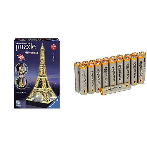 Ravensburger 125791 Eiffelturm bei Nacht Puzzle 3D-Puzzle Bauwerk Night Edition, 216 Teile mit Amazon Basics Batterien von Ravensburger Erwachsenenpuzzle