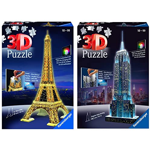 Ravensburger 125791 Eiffelturm bei Nacht Puzzle 3D-Puzzle Bauwerk Night Edition, 216 Teile & 12566 1 Empire State Building bei Nacht Night Edition 3D-Puzzle Bauwerke, 216 Teile von Ravensburger Erwachsenenpuzzle