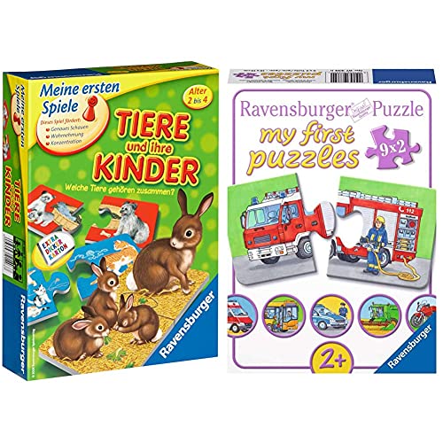 Ravensburger 21403 - Tiere und ihre Kinder - Kinderspiel, Tierwelt kennenlernen - für 1-4 Spieler ab 2 Jahren & Kinderpuzzle 07332 - Einsatzfahrzeuge - My First Puzzles - 2,4,6,8 Teile von Ravensburger