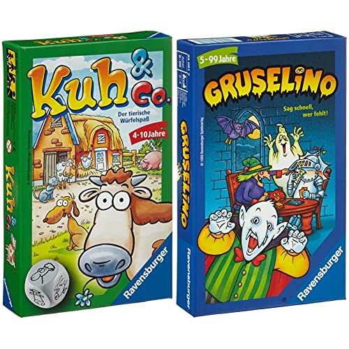 Ravensburger 23160 - Kuh und co, Mitbringspiel für 2-6 Spieler & 23081 - Gruselino, Mitbringspiel für 2-4 Spieler, Suchspiel ab 5 Jahren, kompaktes Format, Reisespiel von Ravensburger